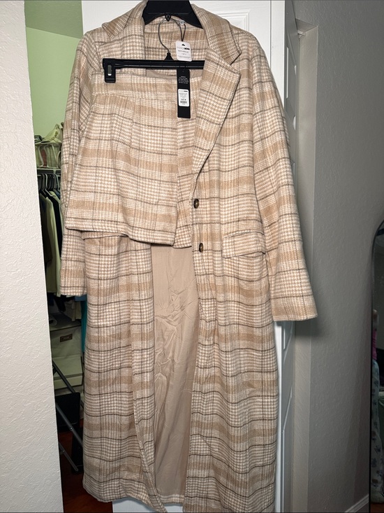 Fashion Nova Pants - Fashion Nova Beige Plaid Long Coat Jumpsuit Set